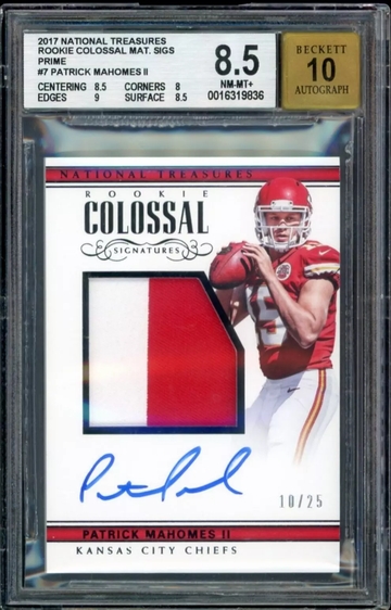 2017 National Treasures Patrick Mahomes Prime Patch RPA #/25 BGS 8.5 Auto 10
